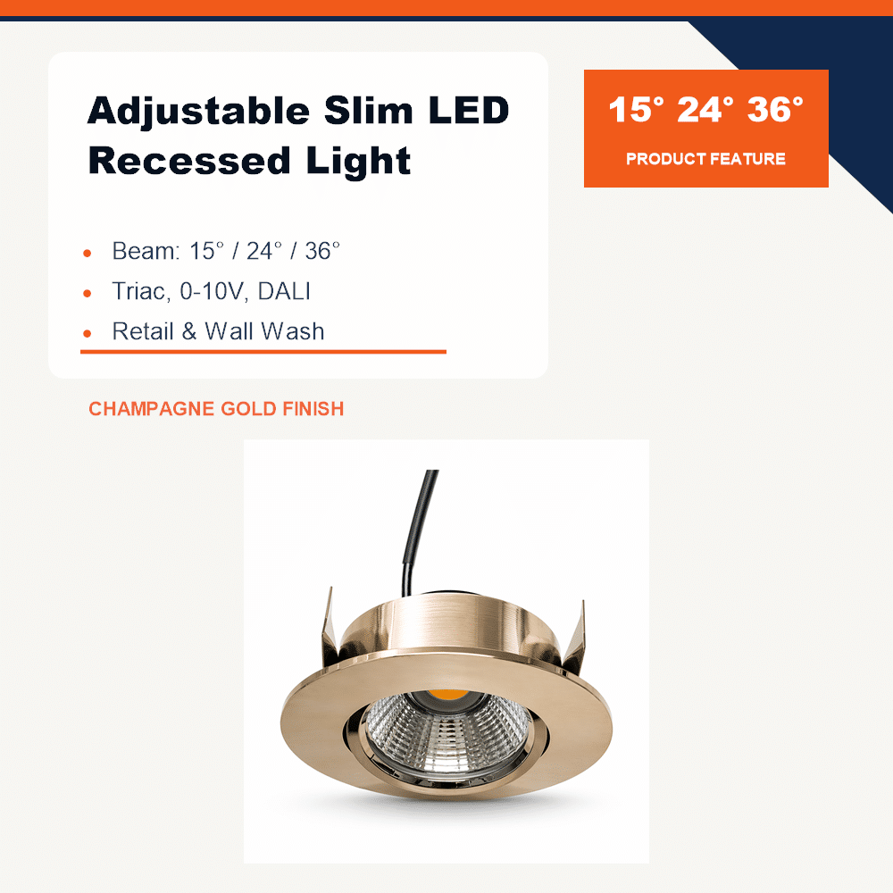 Product card for Adjustable Slim LED Recessed Light with beam angles (15°, 24°, 36°), Champagne Gold finish, and fixture photo.