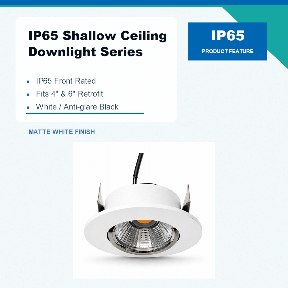 Panel advertising the IP65 Shallow Ceiling Downlight Series with bullet specs and a white matte finish downlight image/visual only (recessed ceiling light).