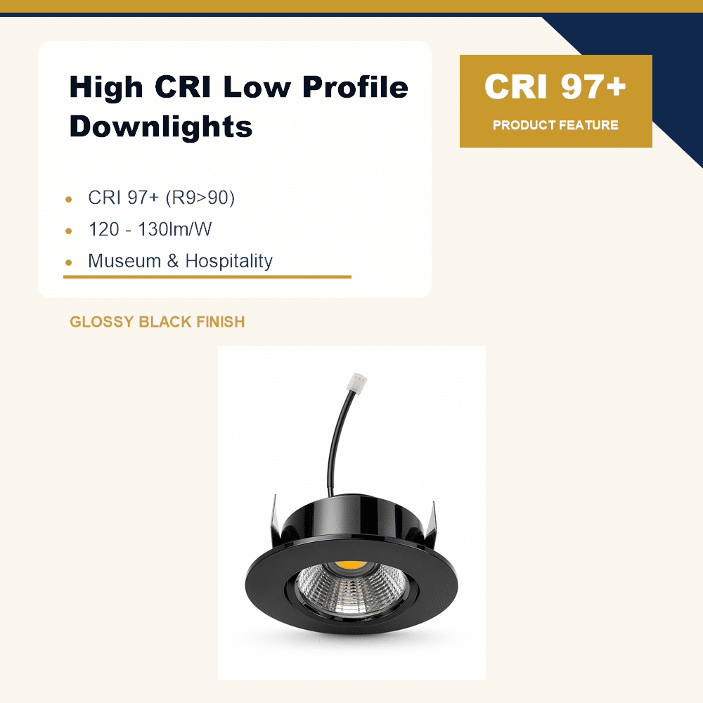 Product feature card for High CRI Low Profile Downlights with specs and a glossy black recessed light image.