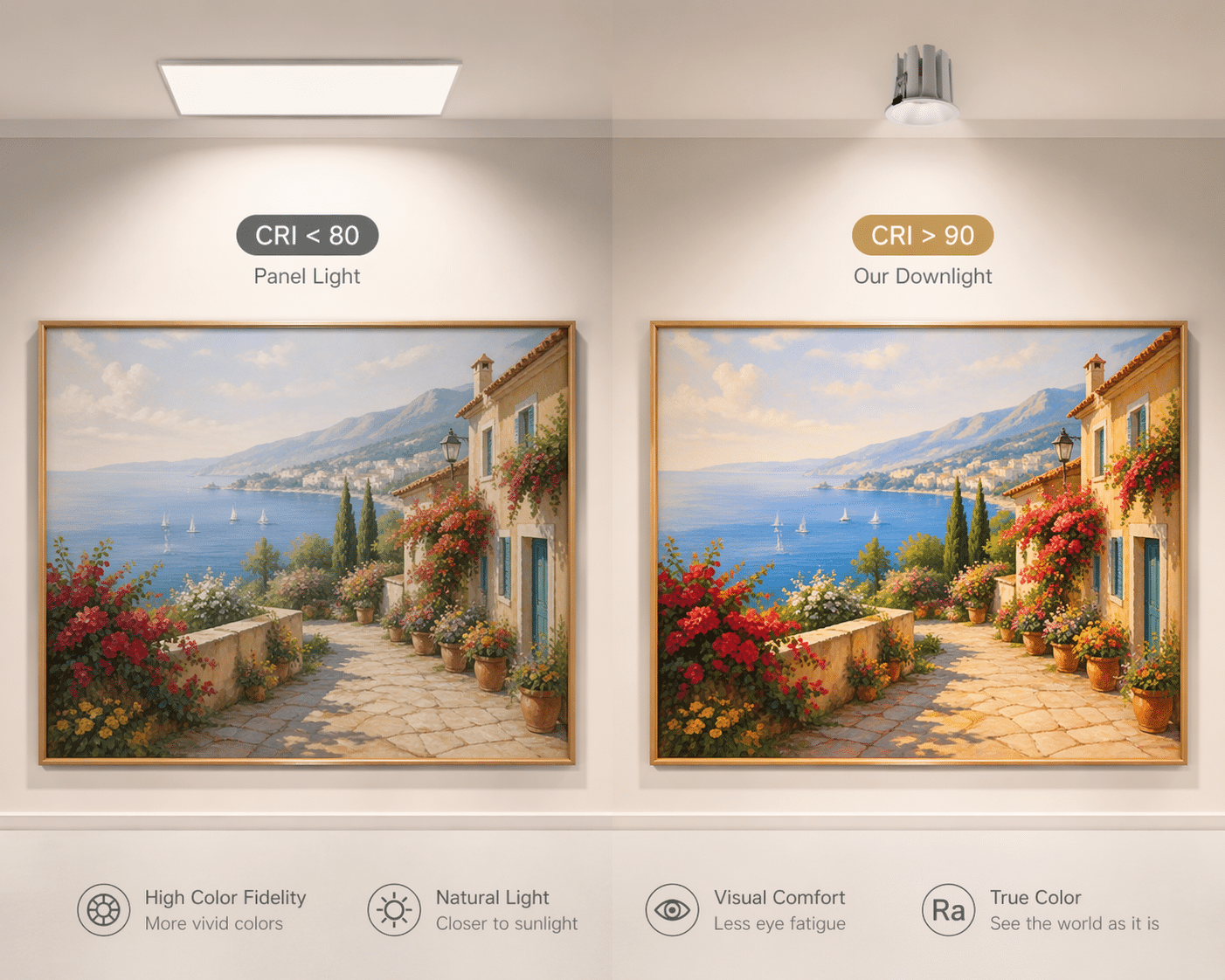 Showroom wall with two landscape paintings under different ceiling lights: left panel light (CRI < 80) and right downlight (CRI > 90).
