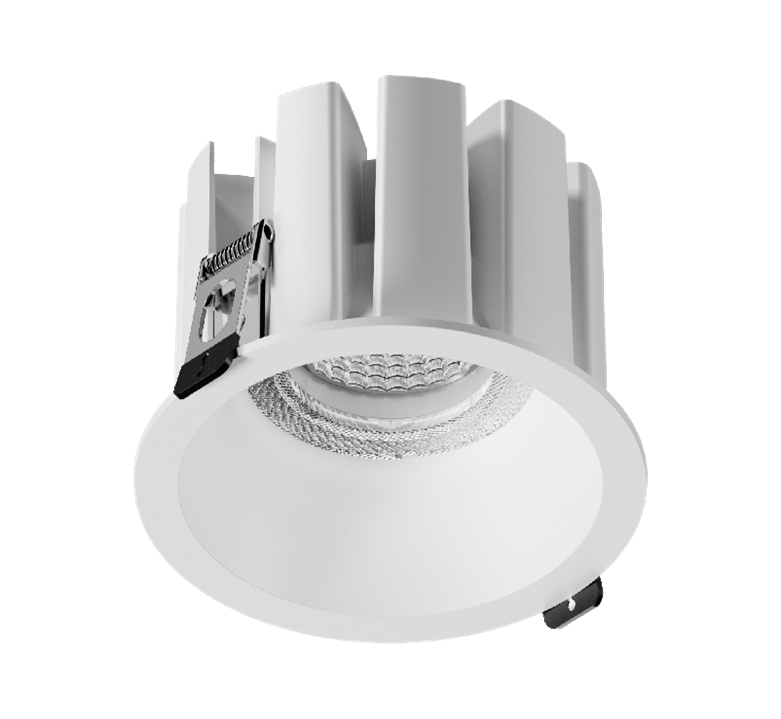 Close-up of a white high-bay LED light with a round diffuser and tall cooling fins behind it.