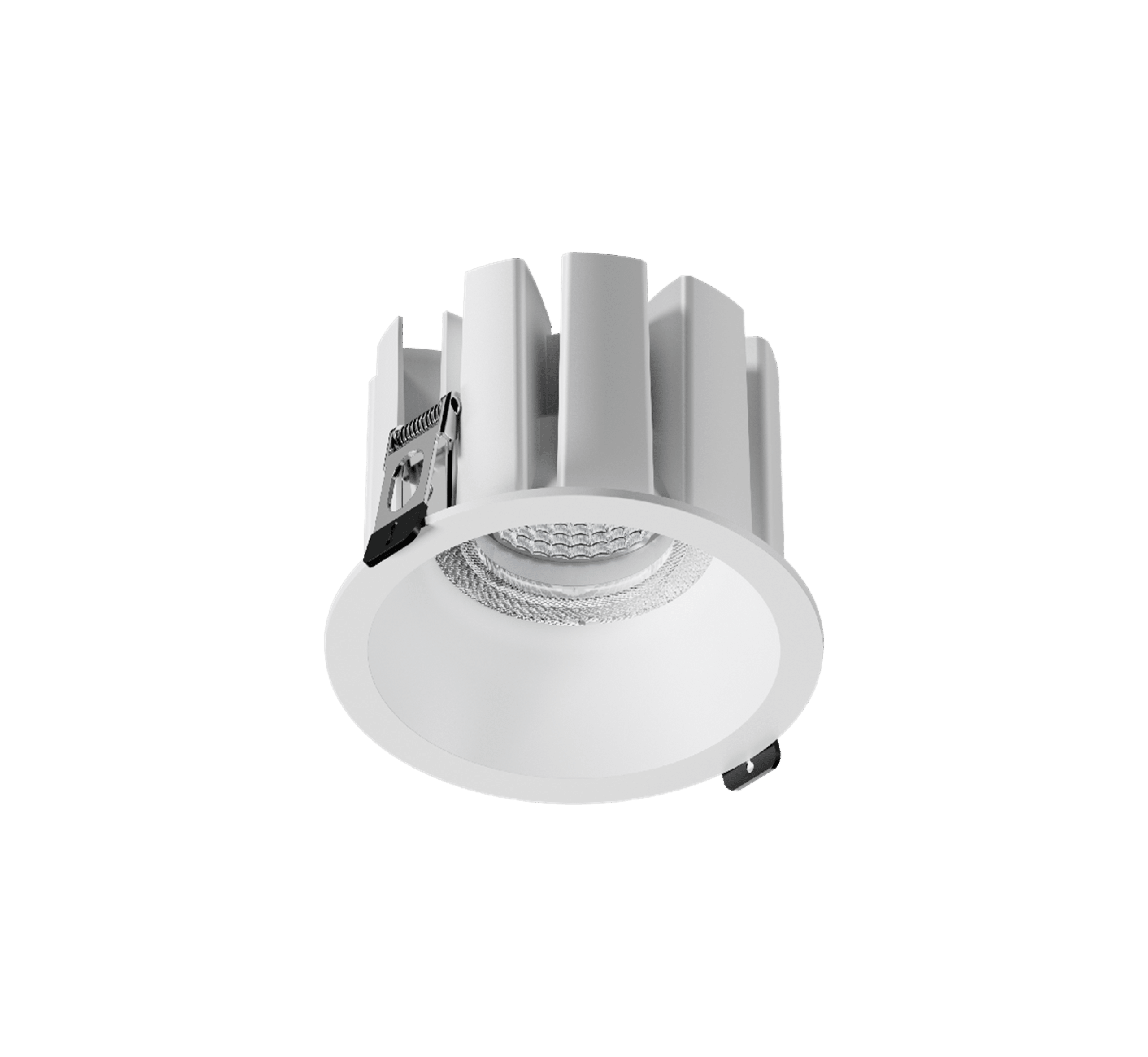 Close-up of a white recessed LED ceiling light with vertical cooling fins and a circular diffuser surrounding the bulb