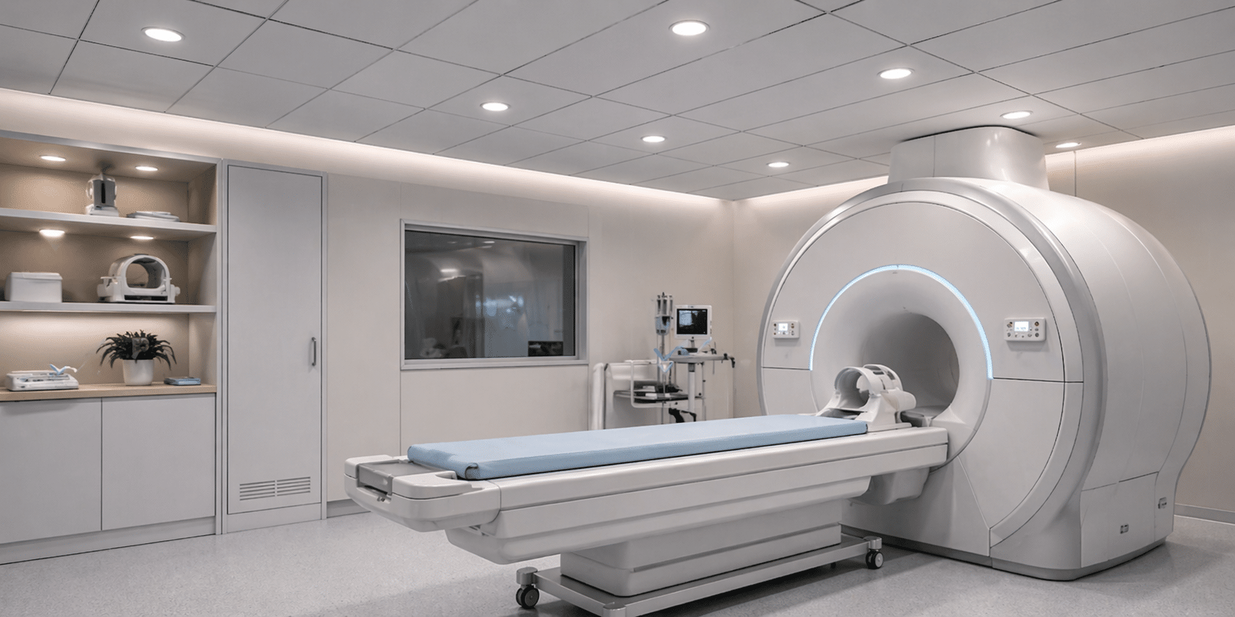 MRI scanner in a clinical room with a padded patient table ready for a scan, bright overhead lights and beige cabinets nearby