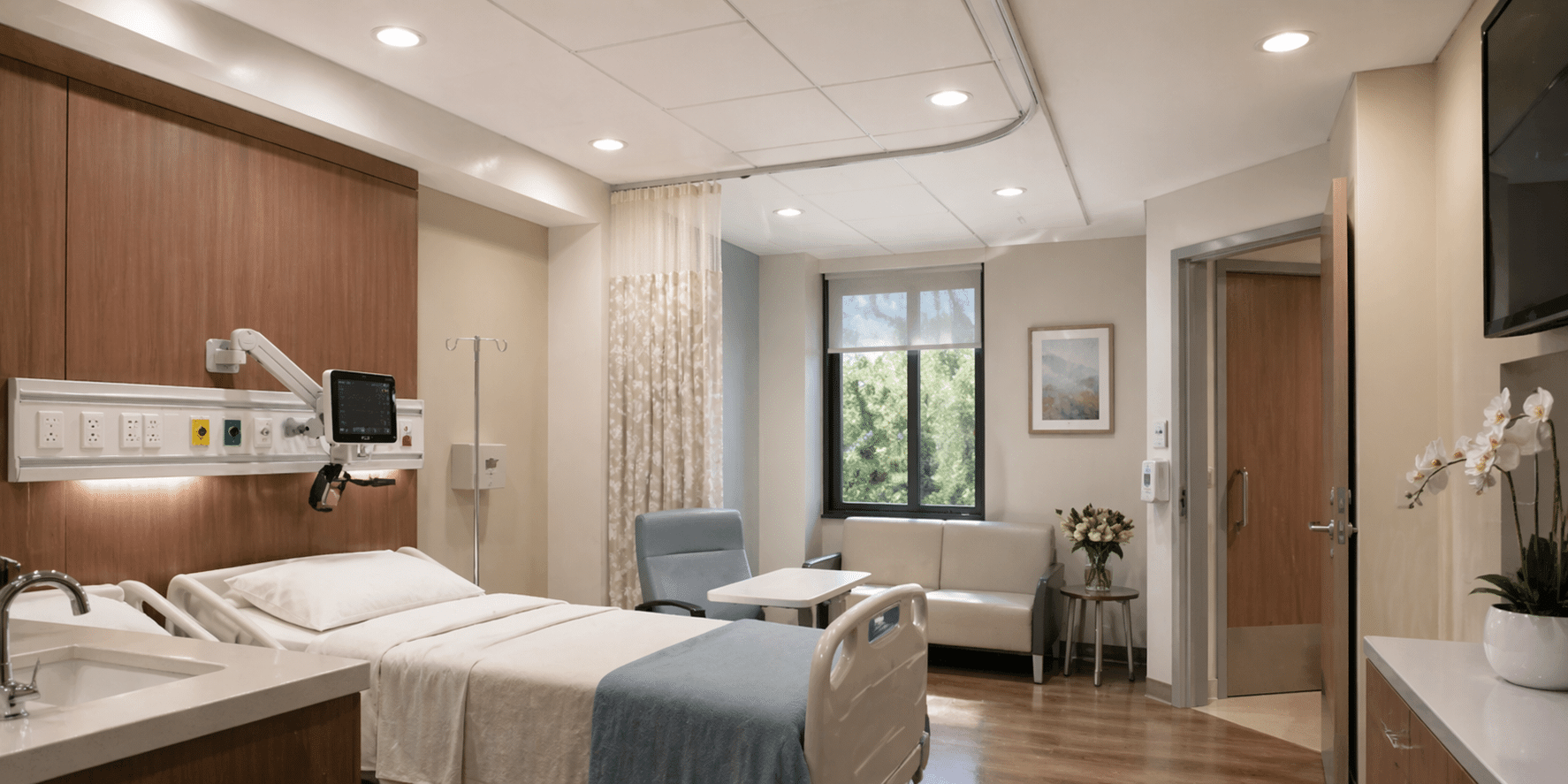 Hospital patient room with adjustable bed, mounted monitor, IV pole, sofa, and a window with curtains.
