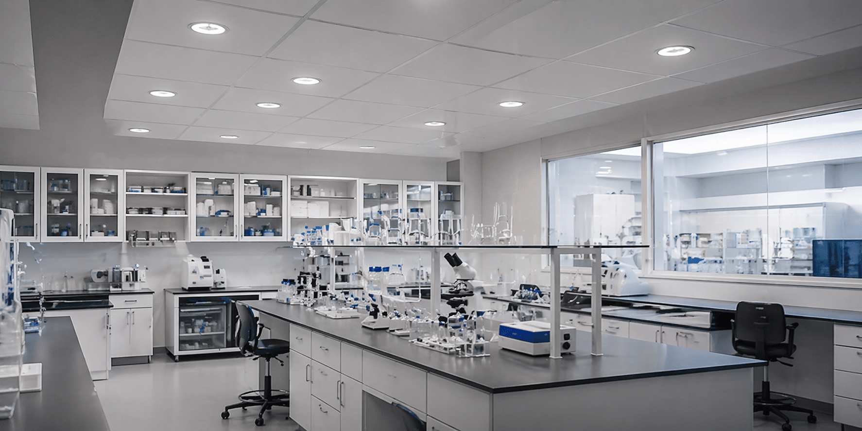 Well-equipped scientific laboratory with workbenches, glass-front storage cabinets, and various lab instruments under bright ceiling lights.