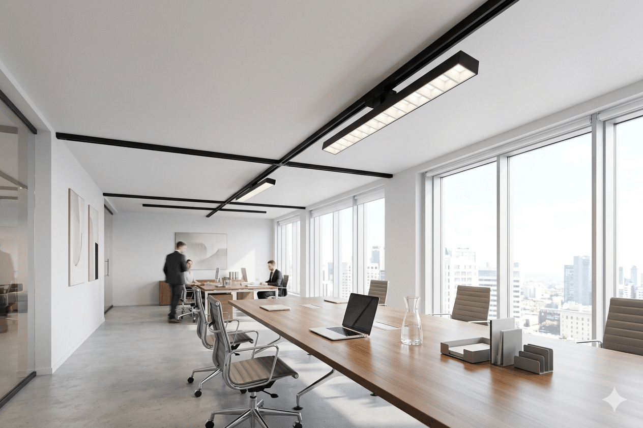Modern conference room with a long wooden table, laptops, and a city skyline visible through large windows.