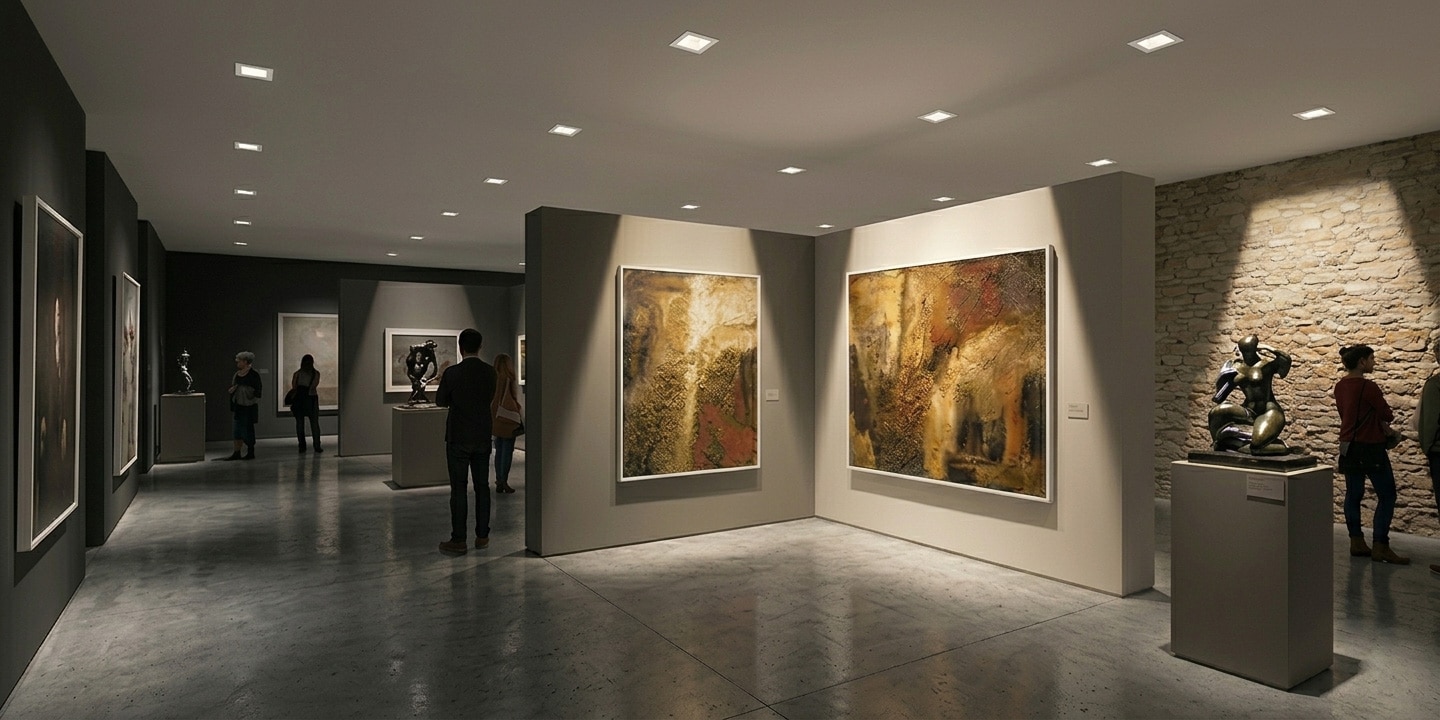 Interior of a modern art gallery with abstract paintings on gray walls and visitors viewing sculptures nearby.