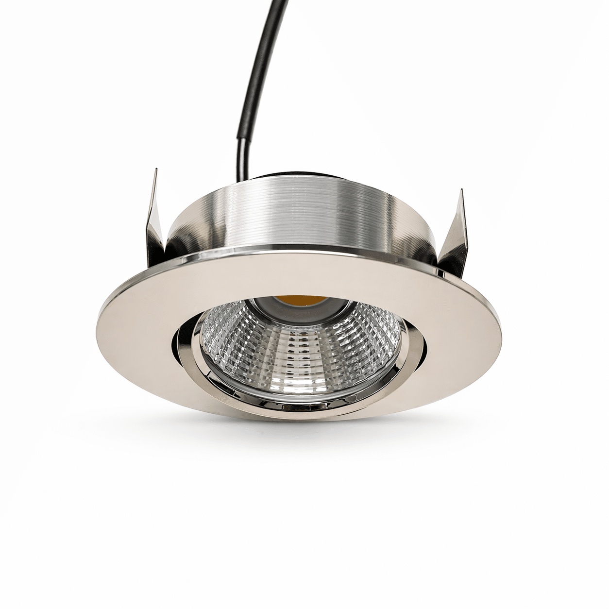 Chrome recessed ceiling downlight with a reflective cone and mounting brackets visible at the sides.