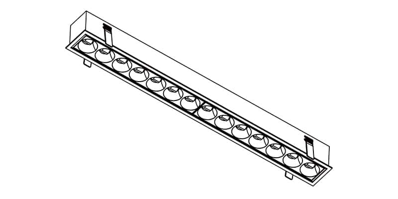 Isometric drawing of a long, rectangular multi-lamp light fixture with several round bulbs along a linear housing, viewed from above edge-on.