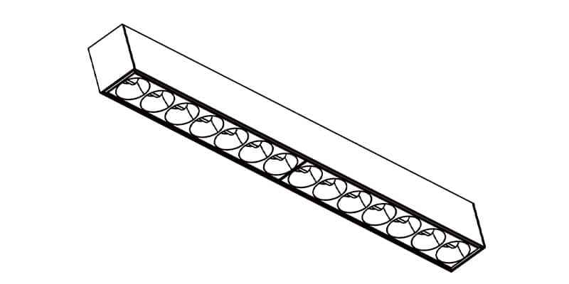 Isometric line drawing of a long rectangular rack with a single row of evenly spaced circular holes along its underside.