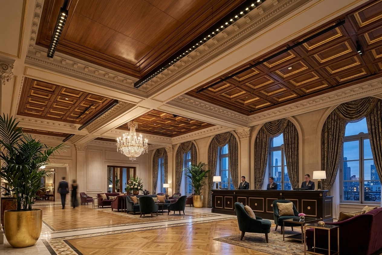 Luxurious hotel lobby with a grand wooden-paneled ceiling, crystal chandelier, and a long front desk with staff, seating area, and large windows showing the city skyline.