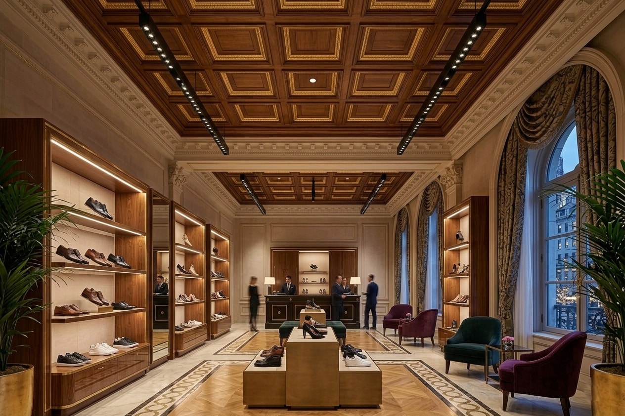 Elegant luxury shoe boutique with wooden display shelves, warm lighting, and plush seating near tall windows.