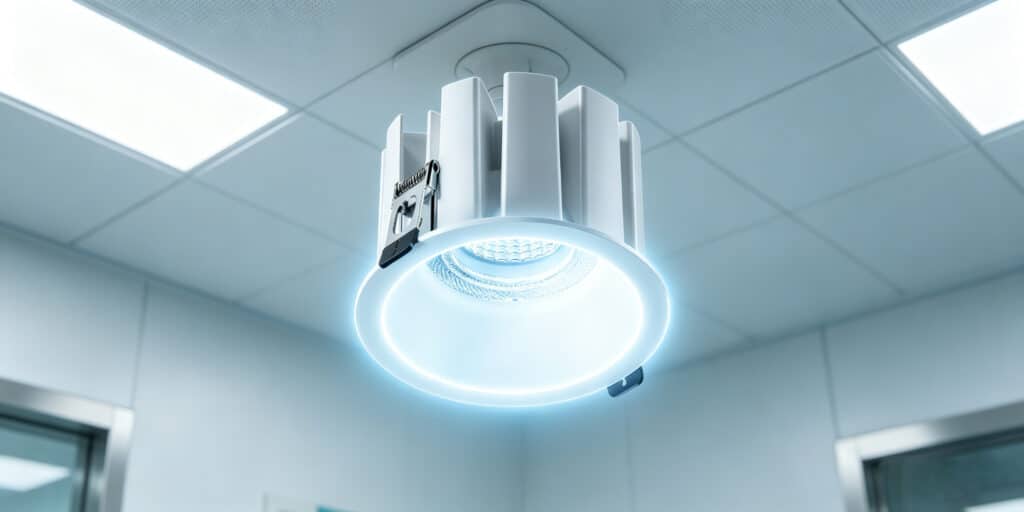 Surgical ceiling light with a circular LED ring glowing blue in a sterile operating room