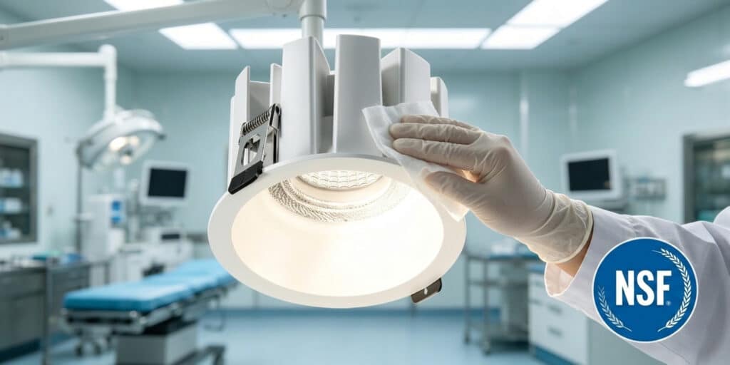Gloved hand adjusts a surgical light in a sterile operating room, with an NSF badge visible on the sleeve.