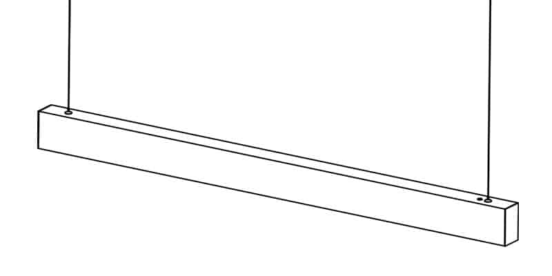 Line drawing of a rectangular pendant light hanging from the ceiling by two cords.